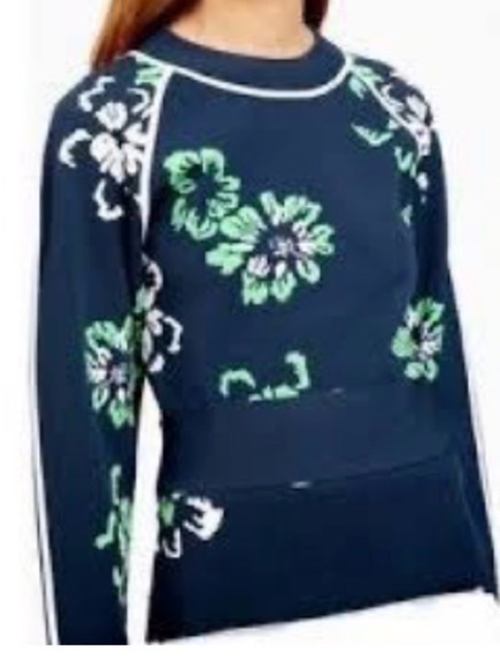 Tanya Taylor Navy Floral Crewneck Sweater with Green and White Accents